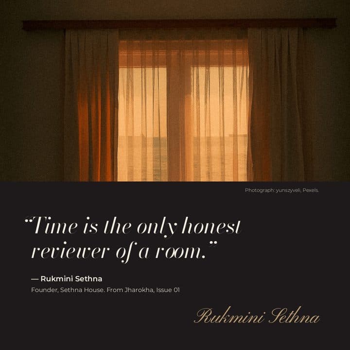 Quote card over an evening room: time is the only honest reviewer of a room