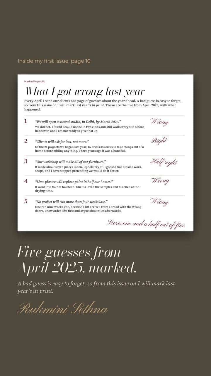 Story frame: five guesses from April 2025, marked