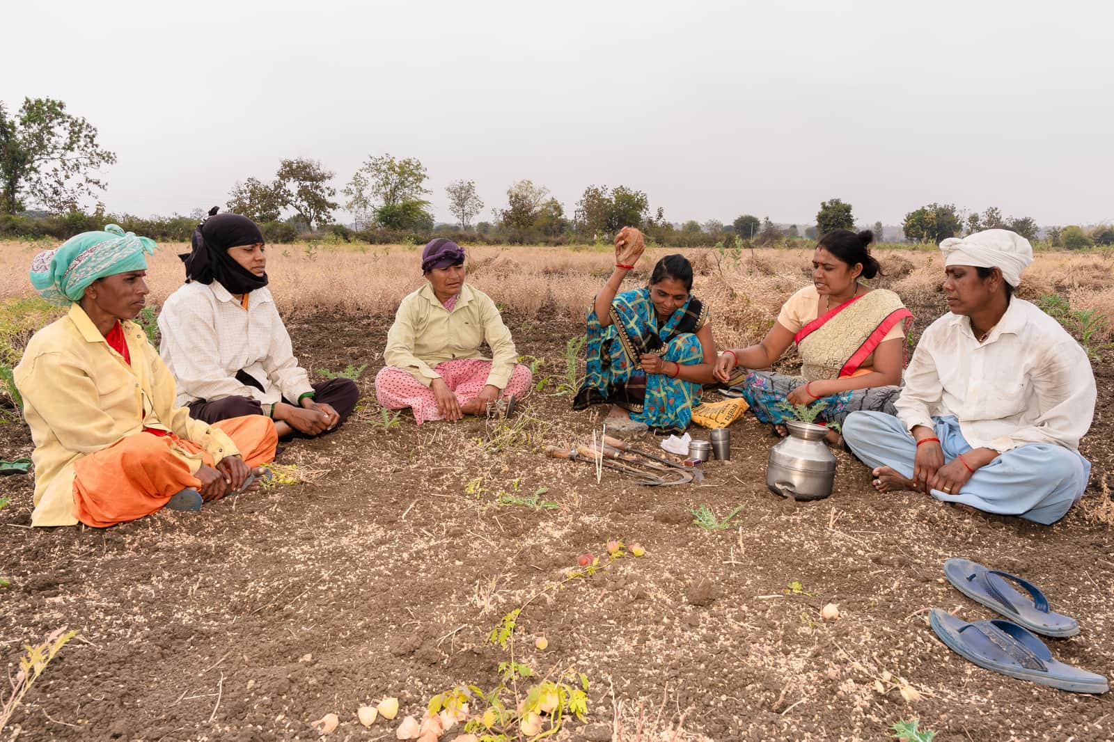 Women farmers in saris standing and talking in a field