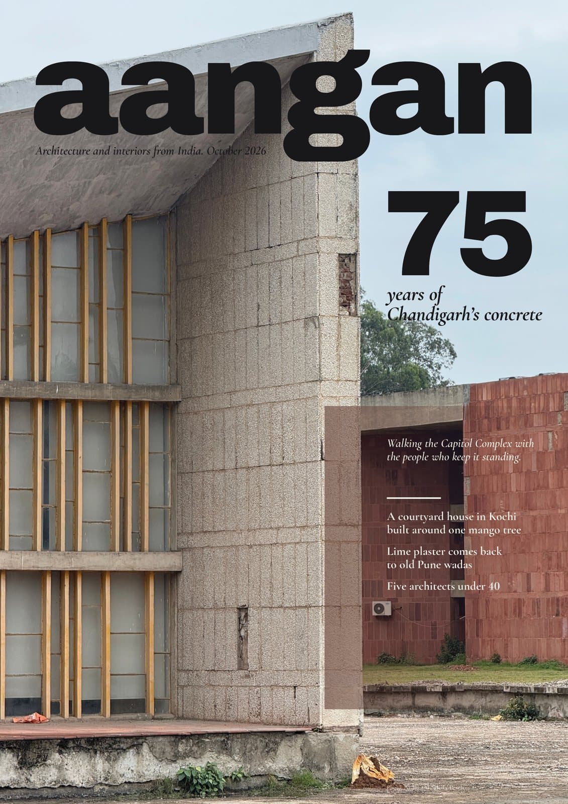 Cover of aangan, an Indian architecture and interiors magazine, October 2026: a modernist concrete building in Chandigarh; lead line 75 years of Chandigarh's concrete, designed by DigiMagz