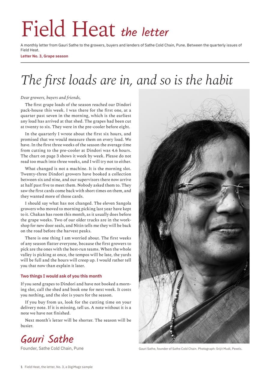 Page 1: the masthead Field Heat, the letter, and Gauri Sathe's signed letter on the first grape loads, beside her portrait