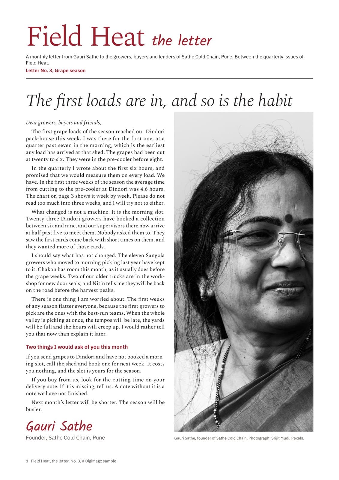 First page of Field Heat, the letter, No. 3: a founder's monthly letter with a red masthead and her portrait, designed by DigiMagz