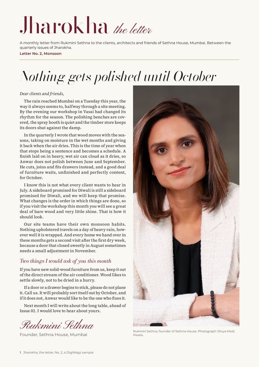 Page 1: the masthead Jharokha, the letter, and her signed letter Nothing gets polished until October, beside her portrait