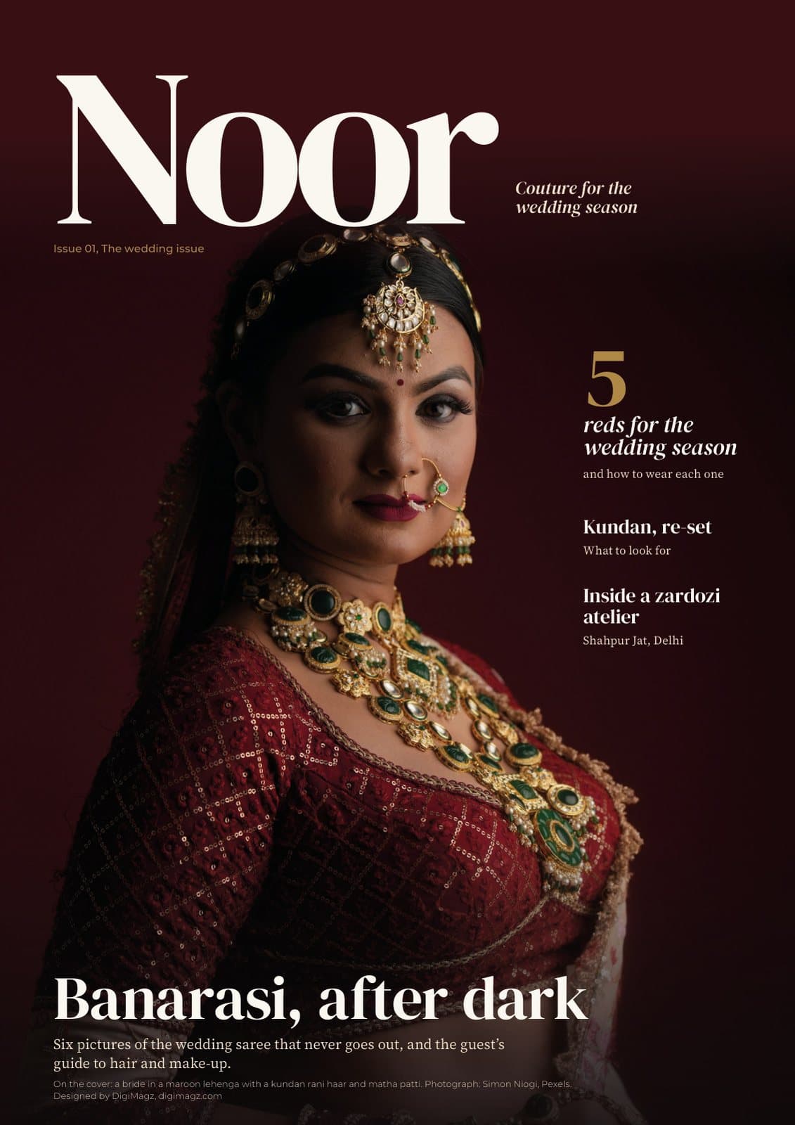 Cover of Noor, a couture magazine for the wedding season, December 2026: a bride in a maroon lehenga and kundan necklace against a red wall, designed by DigiMagz