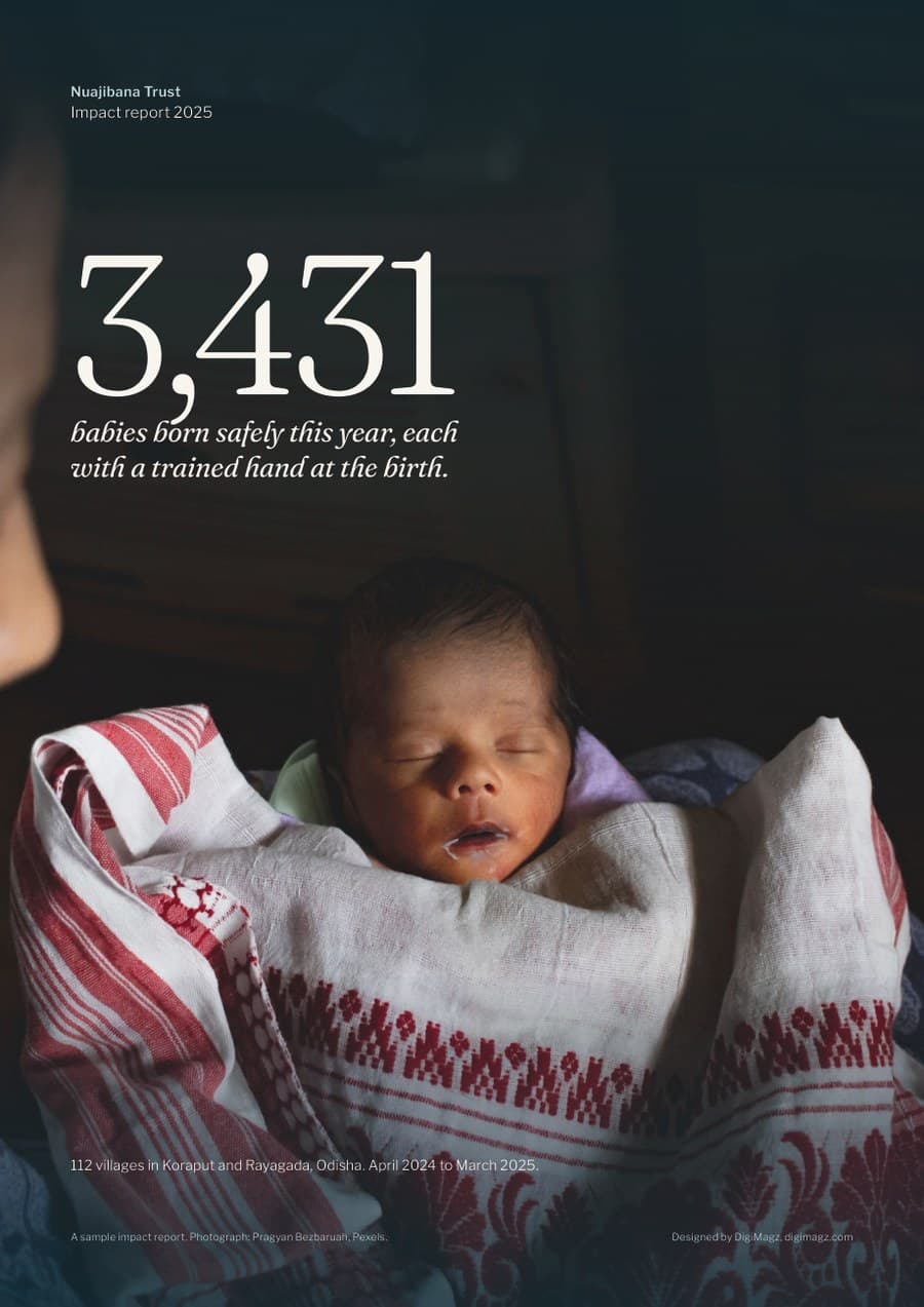 A sleeping newborn wrapped in a red-and-white handwoven cloth, under the cover line 3,431 babies born safely this year, each with a trained hand at the birth