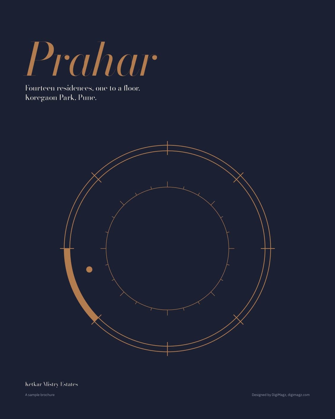 Cover of Prahar, a luxury real estate brochure for Koregaon Park, Pune: the name in copper italic on deep indigo above a dial of the day, designed by DigiMagz