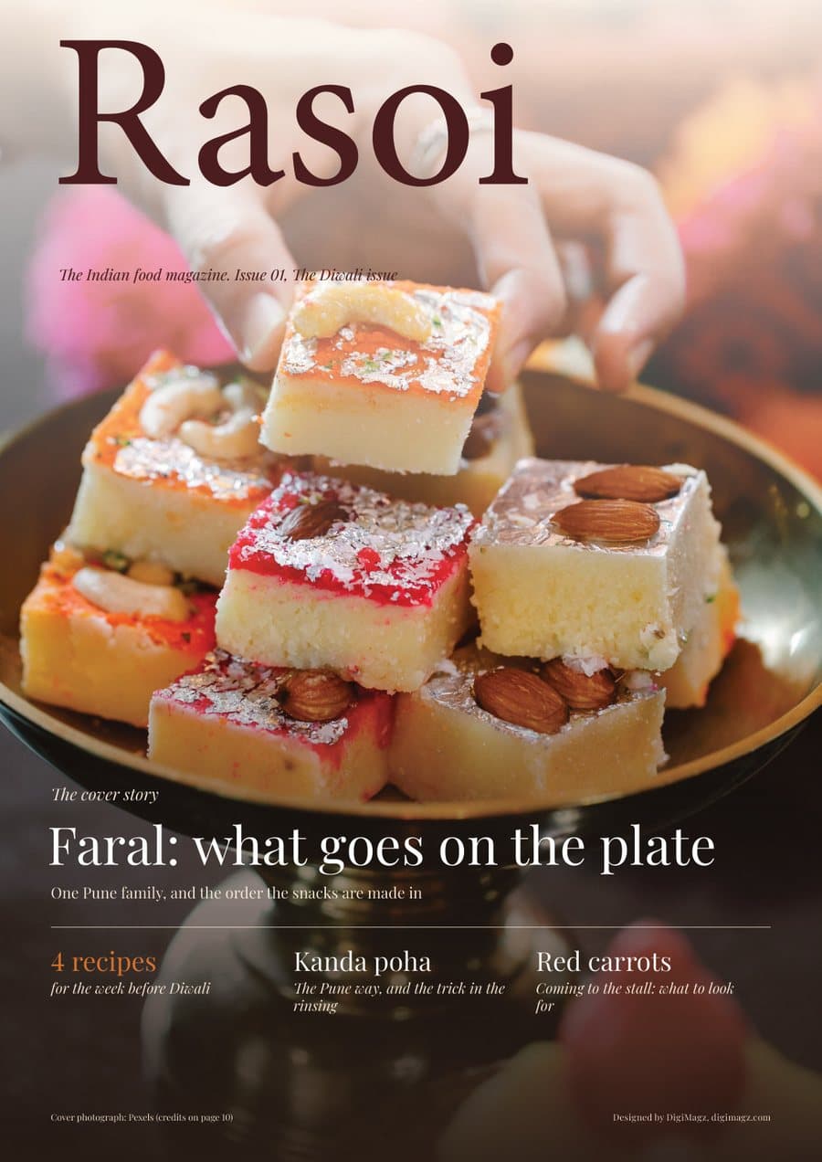 Rasoi cover: a hand lifting barfi from a brass stand; cover lines Faral: what goes on the plate, 4 recipes for the week before Diwali