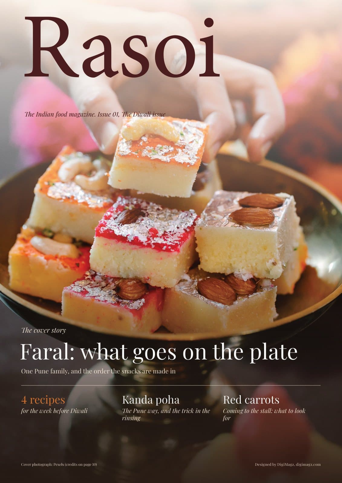 Cover of Rasoi, an Indian food magazine, Diwali issue October 2025: barfi with silver leaf on a brass stand, designed by DigiMagz