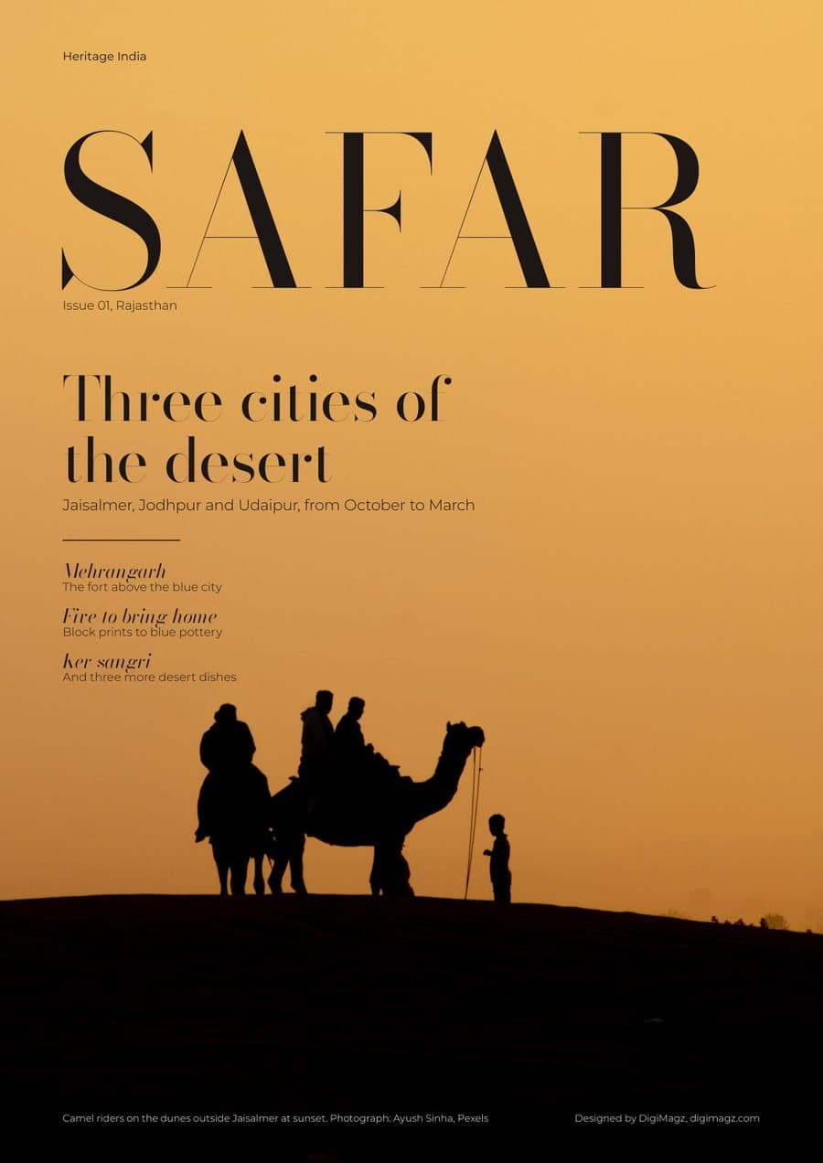 Safar cover: camel riders silhouetted on a dune at sunset under a thin Bodoni masthead, lead line Three cities of the desert
