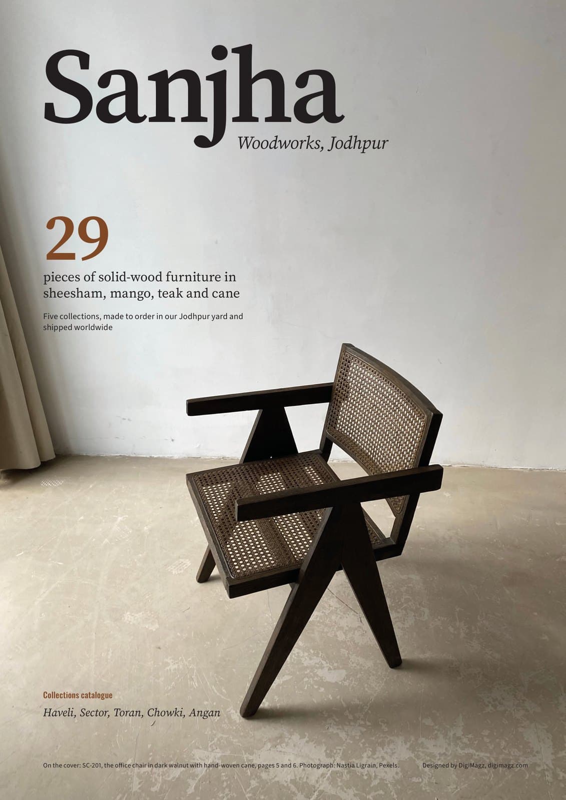Cover of Sanjha Woodworks collections catalogue: a cane and teak chair on a pale ground, 29 pieces of solid-wood furniture, designed by DigiMagz