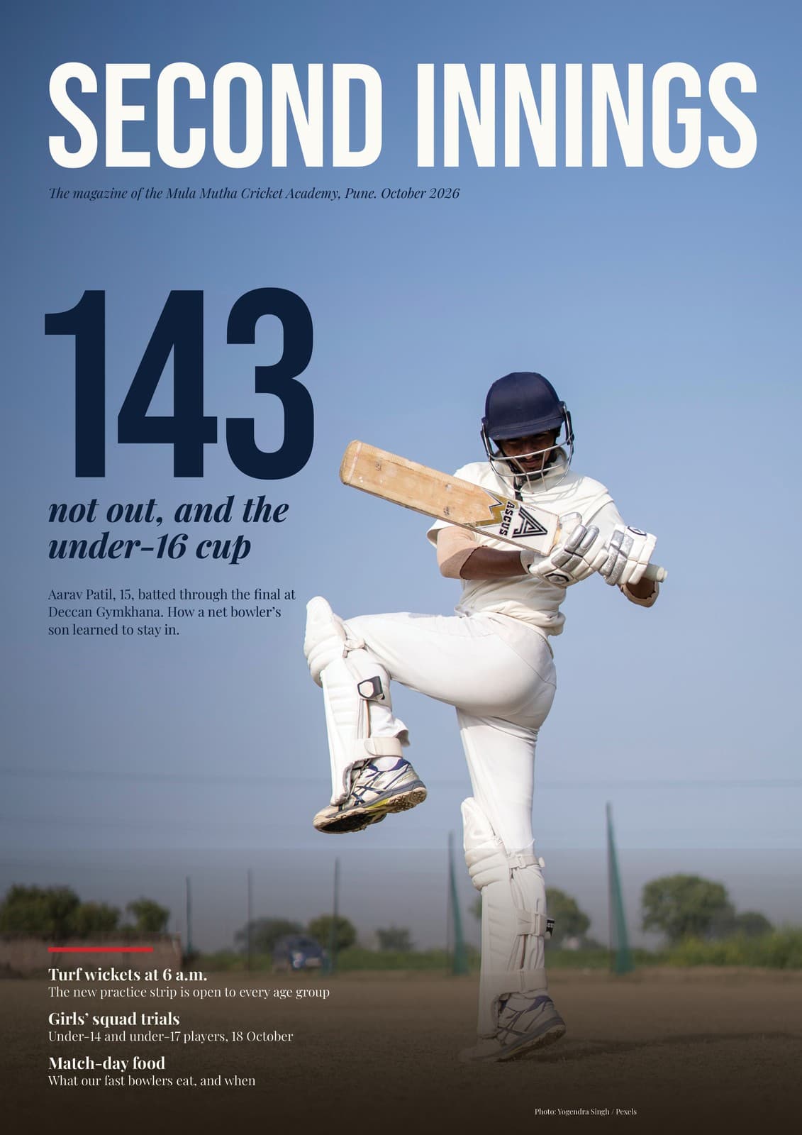 Cover of Second Innings, the magazine of a Pune cricket academy, October 2026: a young batsman mid-shot in white; lead line 143 not out, and the under-16 cup, designed by DigiMagz
