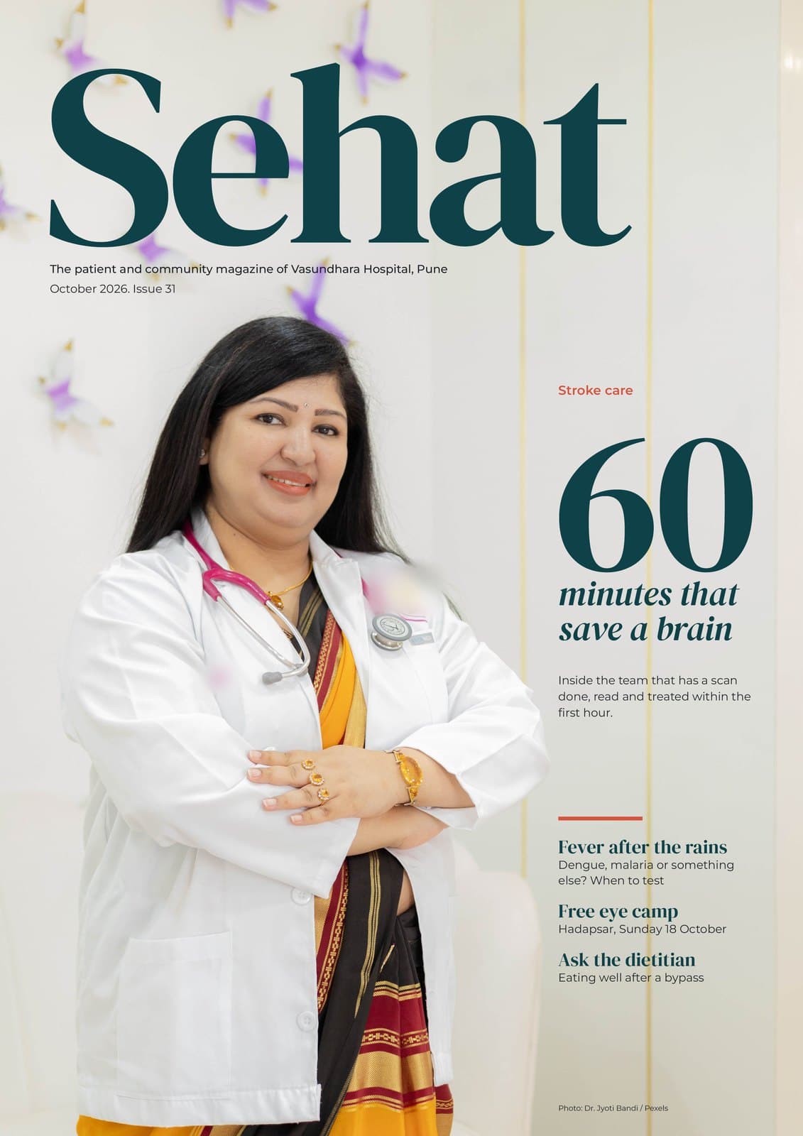 Cover of Sehat, the patient and community magazine of a Pune hospital, October 2026: a smiling doctor in a white coat; lead line 60 minutes that save a brain, designed by DigiMagz