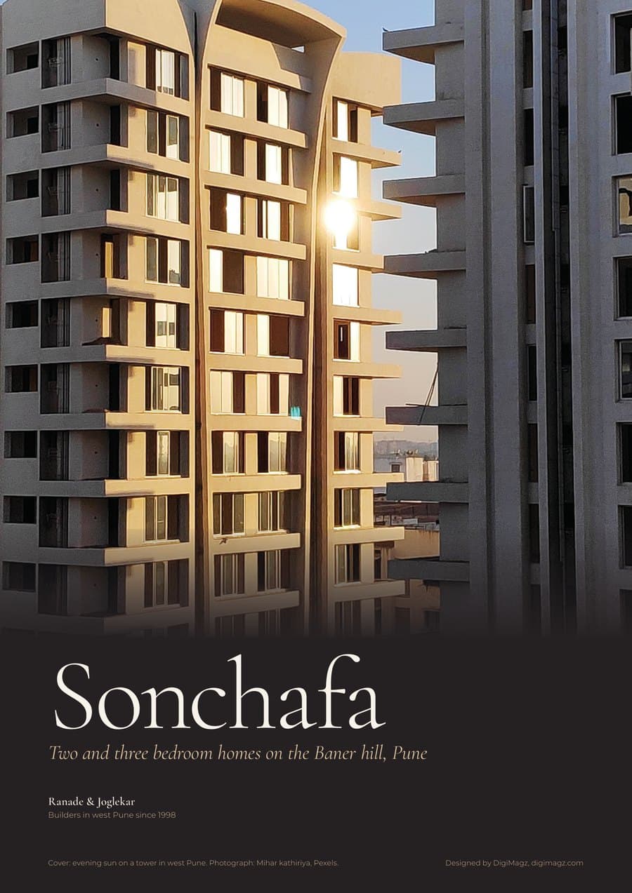 Brochure cover: a residential tower lit by evening sun, the name Sonchafa in a light serif on the dark lower half