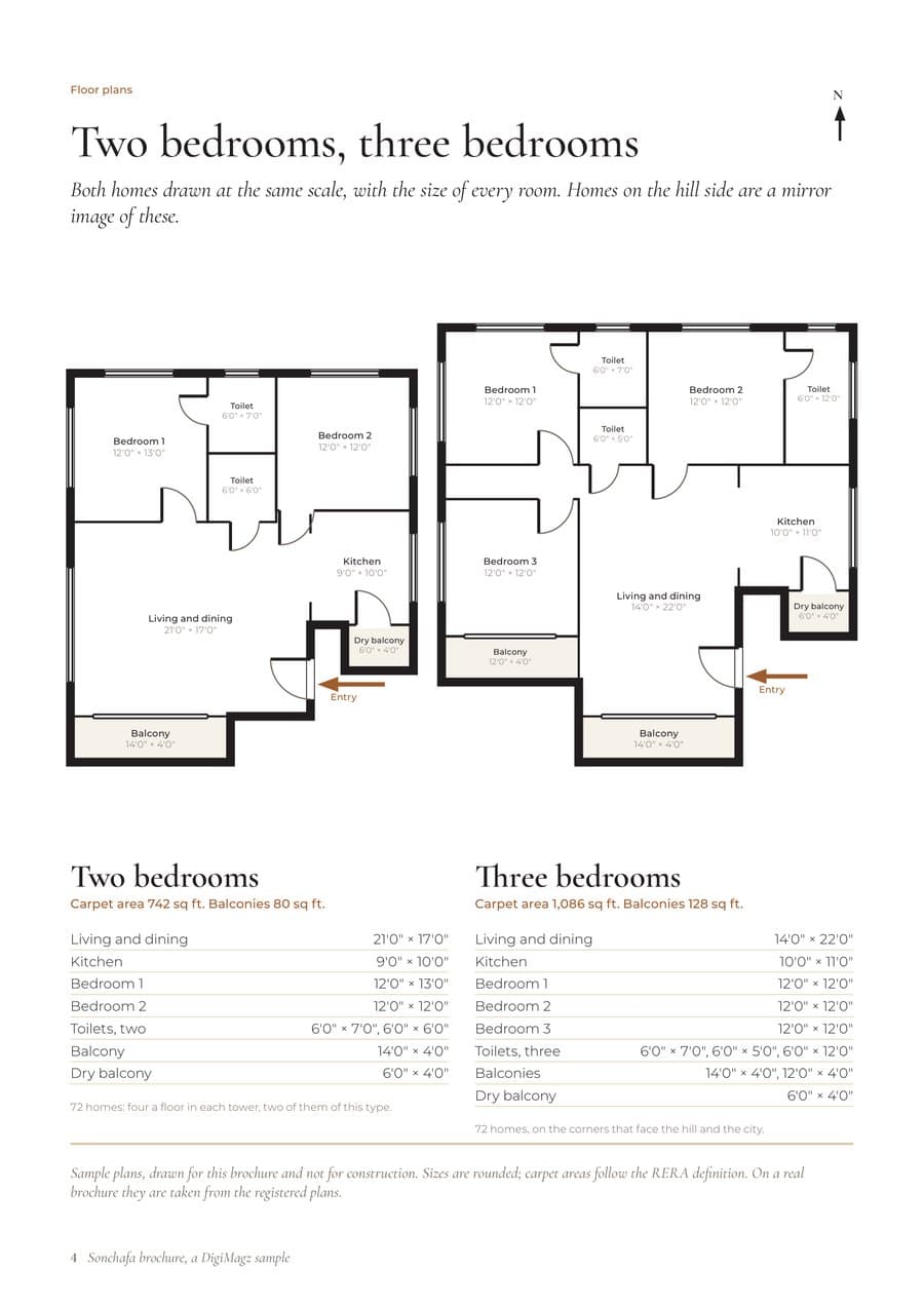 Two- and three-bedroom floor plans at the same scale with a table of room sizes under each