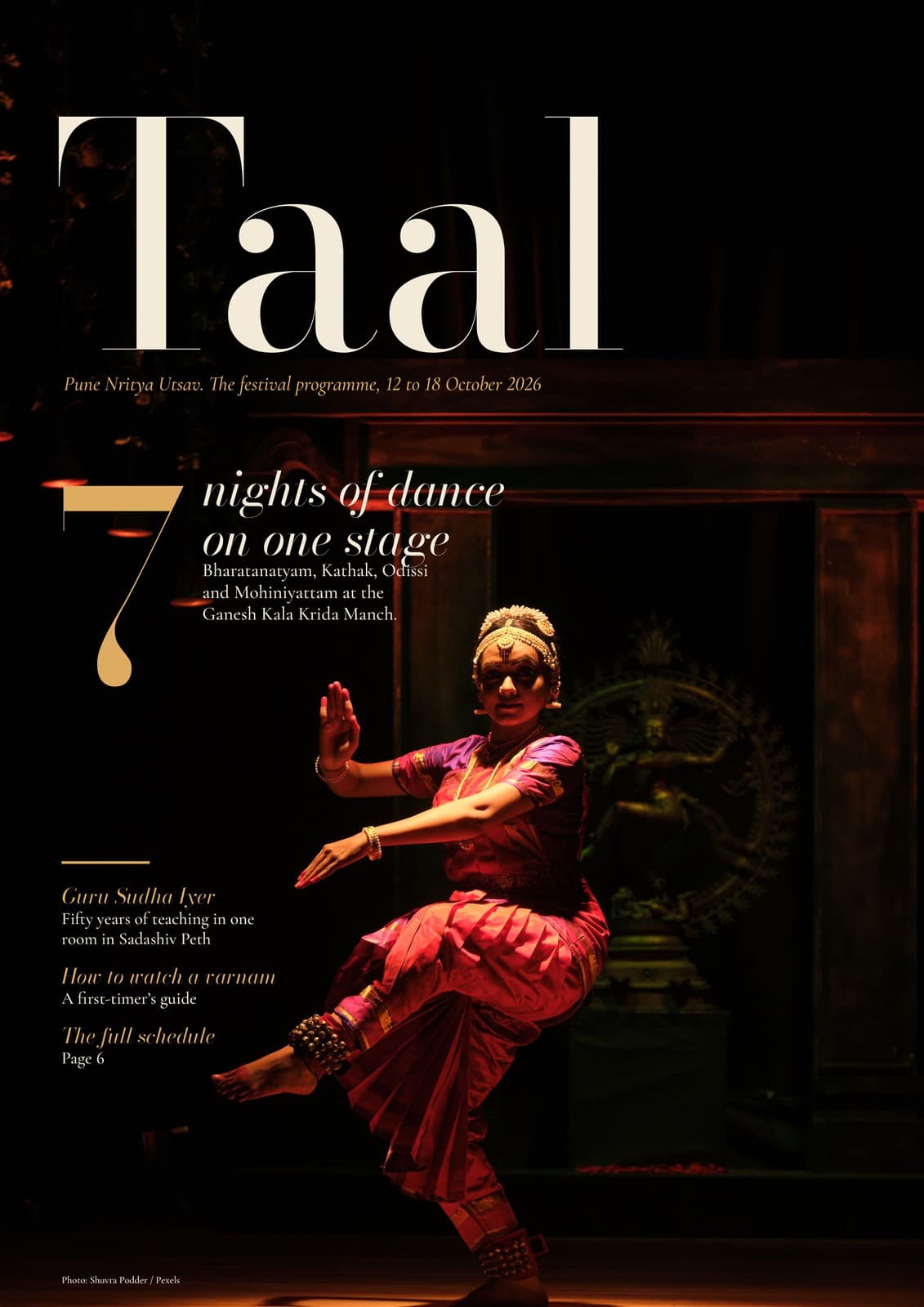 Cover of Taal, the programme of a classical dance festival in Pune, October 2026: a Bharatanatyam dancer in a pool of light on a dark stage; lead line 7 nights of dance on one stage, designed by DigiMagz