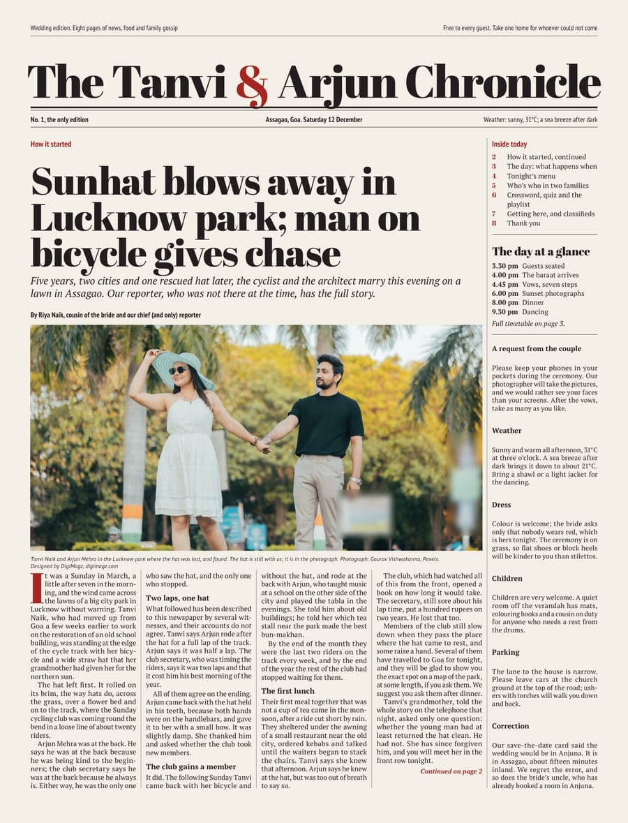 Front page: the masthead The Tanvi & Arjun Chronicle, a news headline about how the couple met and a photograph of them in a park