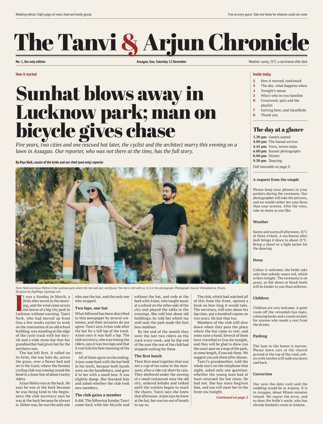 Front page of The Tanvi & Arjun Chronicle, a wedding newspaper: the masthead, a front-page story on how the couple met and a photograph of them in a park, designed by DigiMagz
