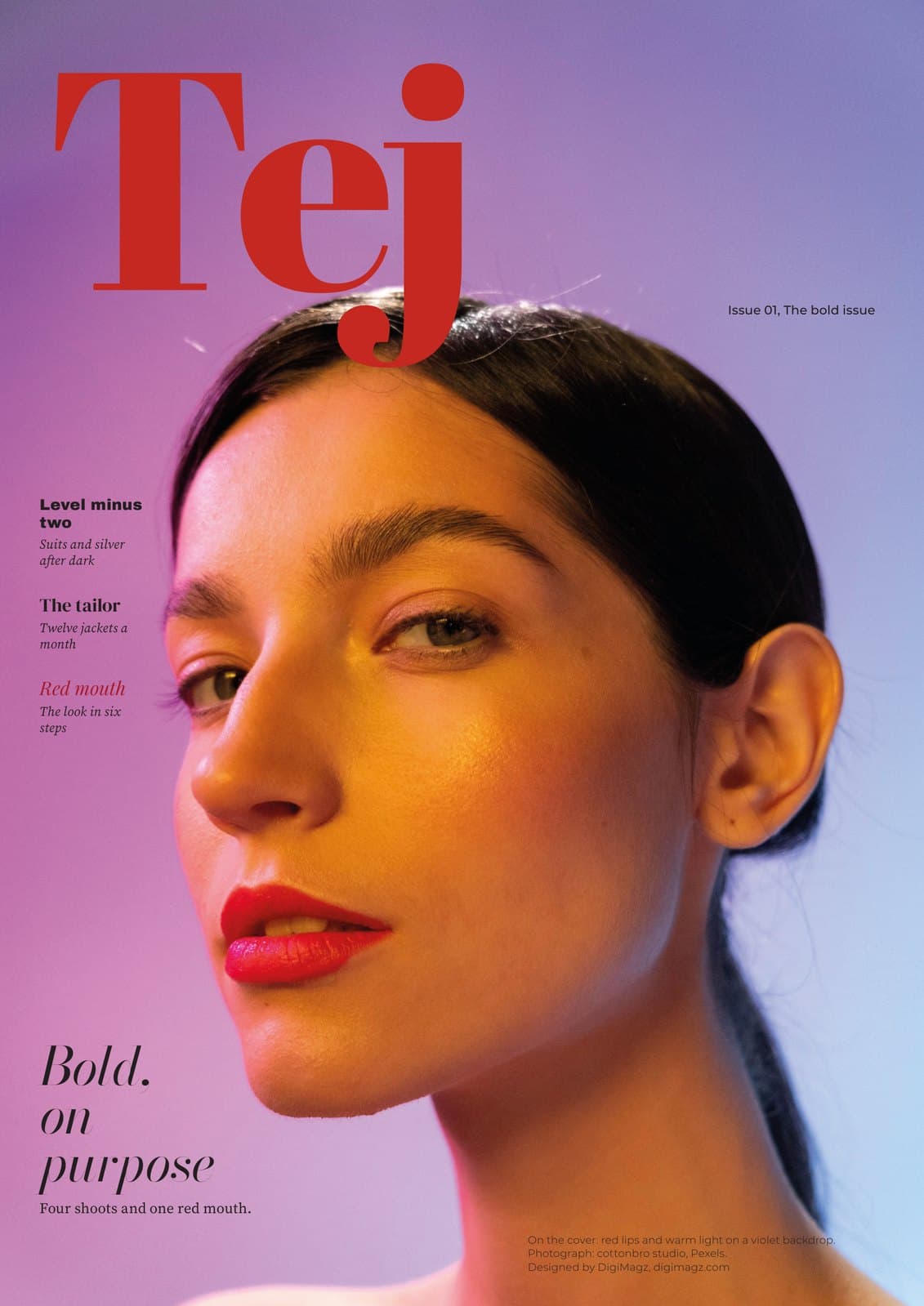 Cover of Tej, Issue 01, The bold issue: a close-up beauty portrait with a red lip against a pink and violet ground, red masthead Tej, designed by DigiMagz