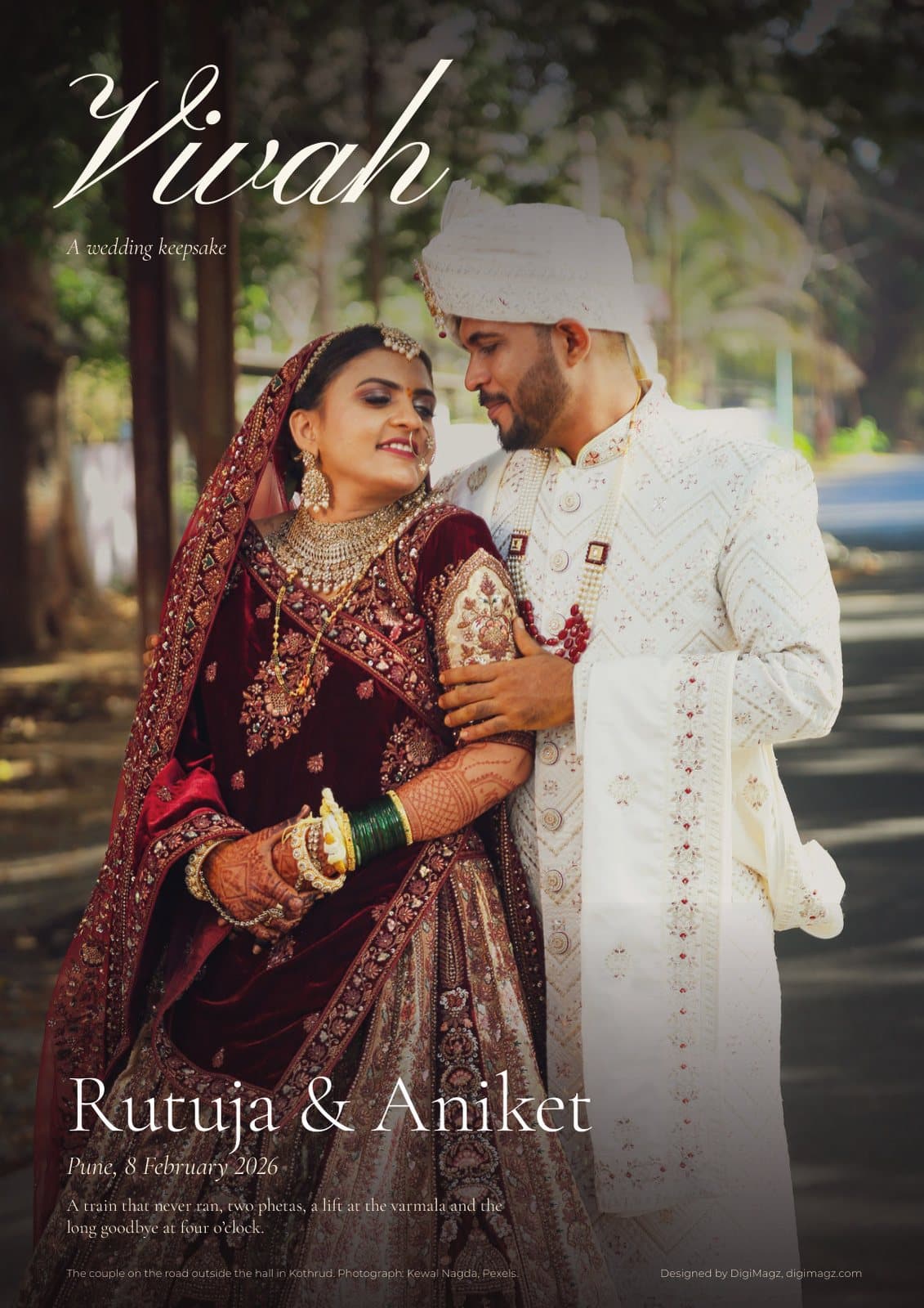 Cover of Vivah, a wedding keepsake for Rutuja and Aniket, Pune, February 2026: the couple in wedding clothes under trees, designed by DigiMagz