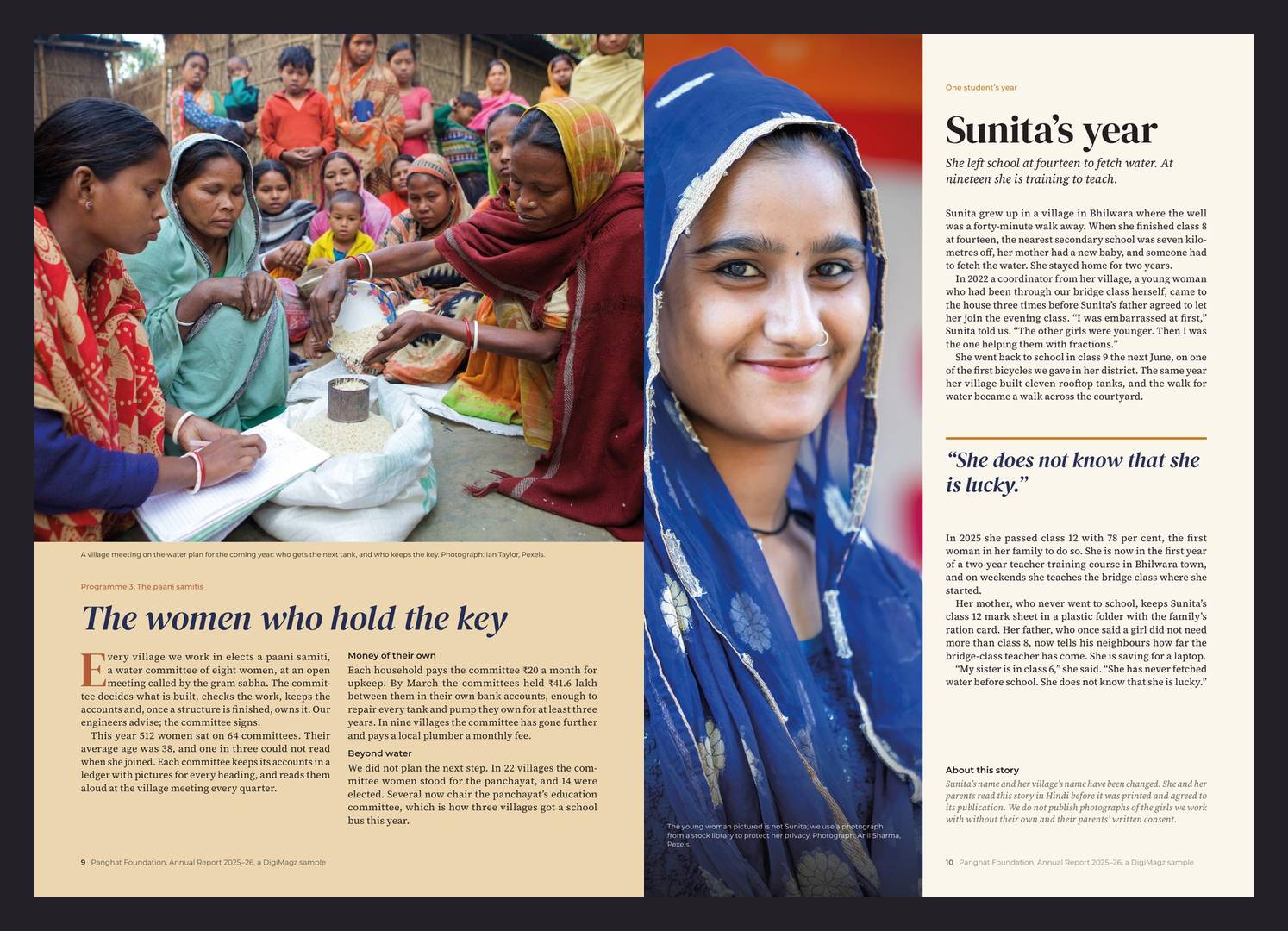 Panghat pages 9 and 10: women at a village water committee meeting, and one student's year