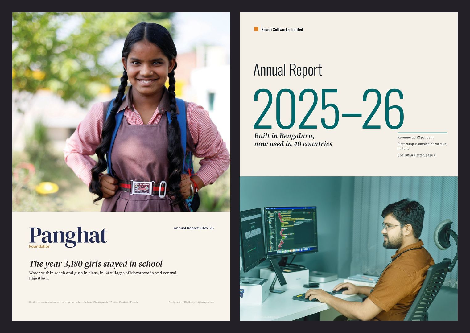 Two annual report covers: Panghat Foundation with a schoolgirl and the line The year 3,180 girls stayed in school, and Kaveri Softworks with the year set large above an engineer at work