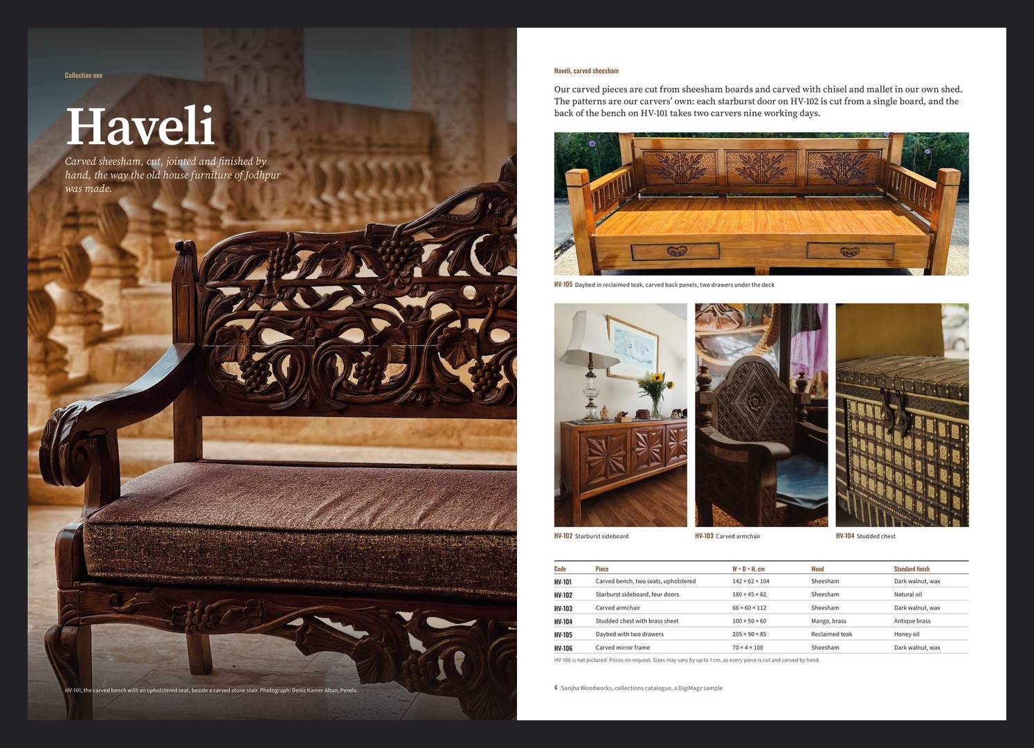Sanjha pages 3 and 4: the Haveli collection opens on a carved sheesham bench, then its pieces with a table of codes, sizes, woods and finishes