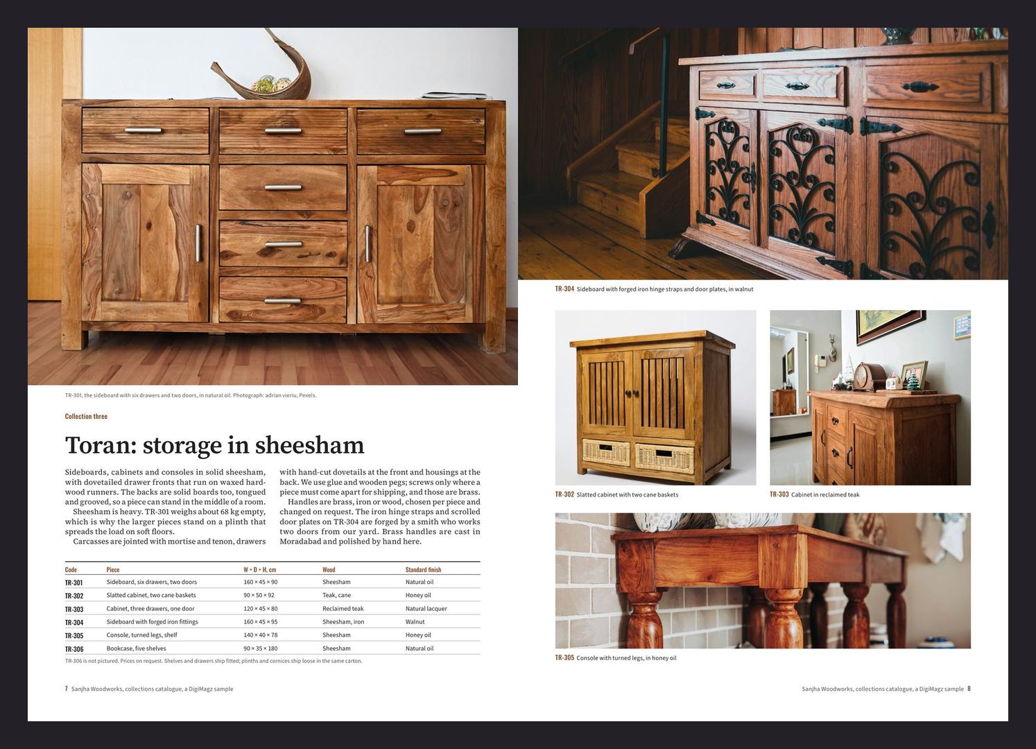 Sanjha pages 7 and 8: the Toran storage collection, a sideboard filling the page, then cabinets and consoles with their table