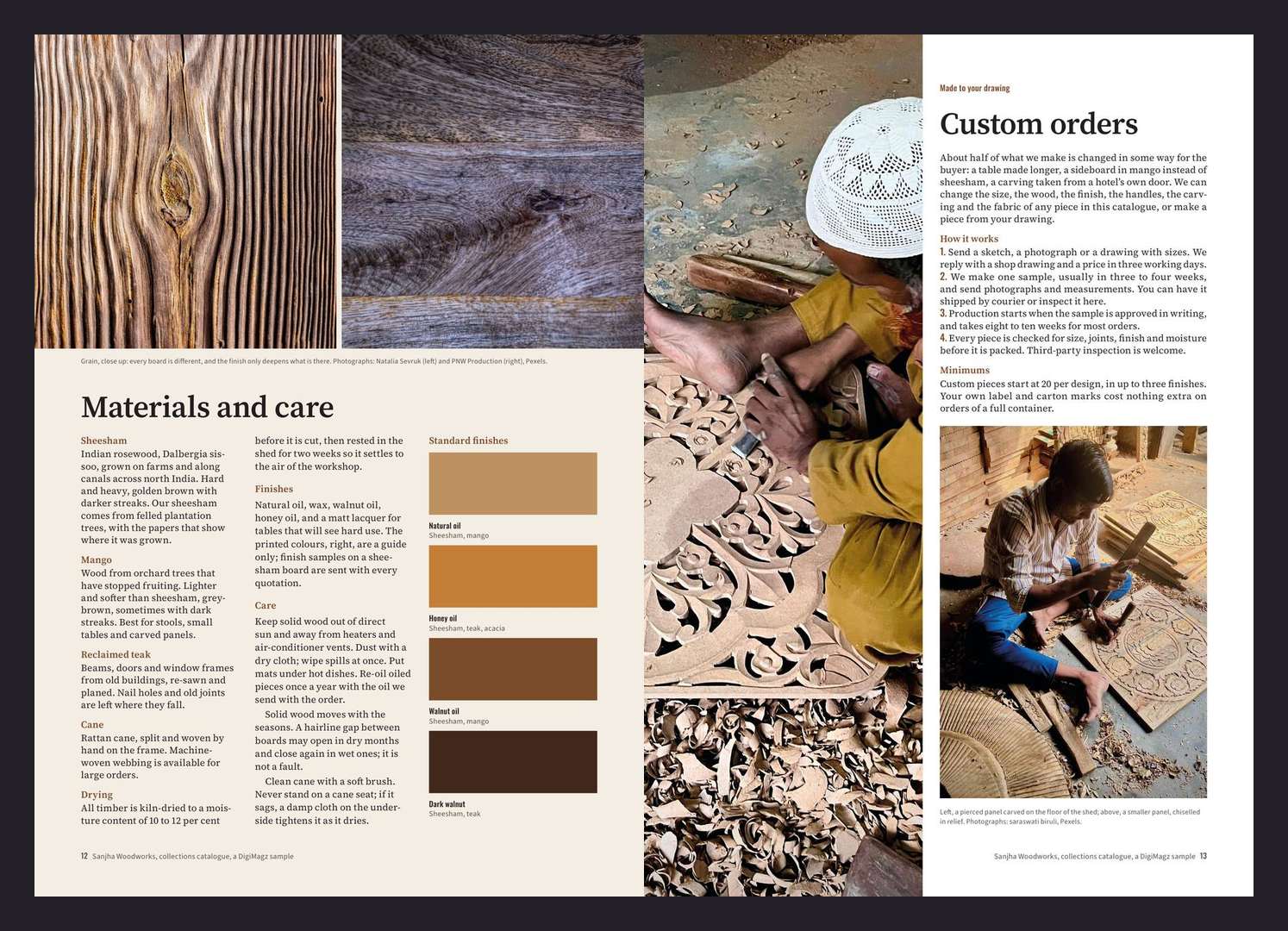 Sanjha pages 12 and 13: materials and care with wood grain close-ups and finish swatches, and how custom orders work