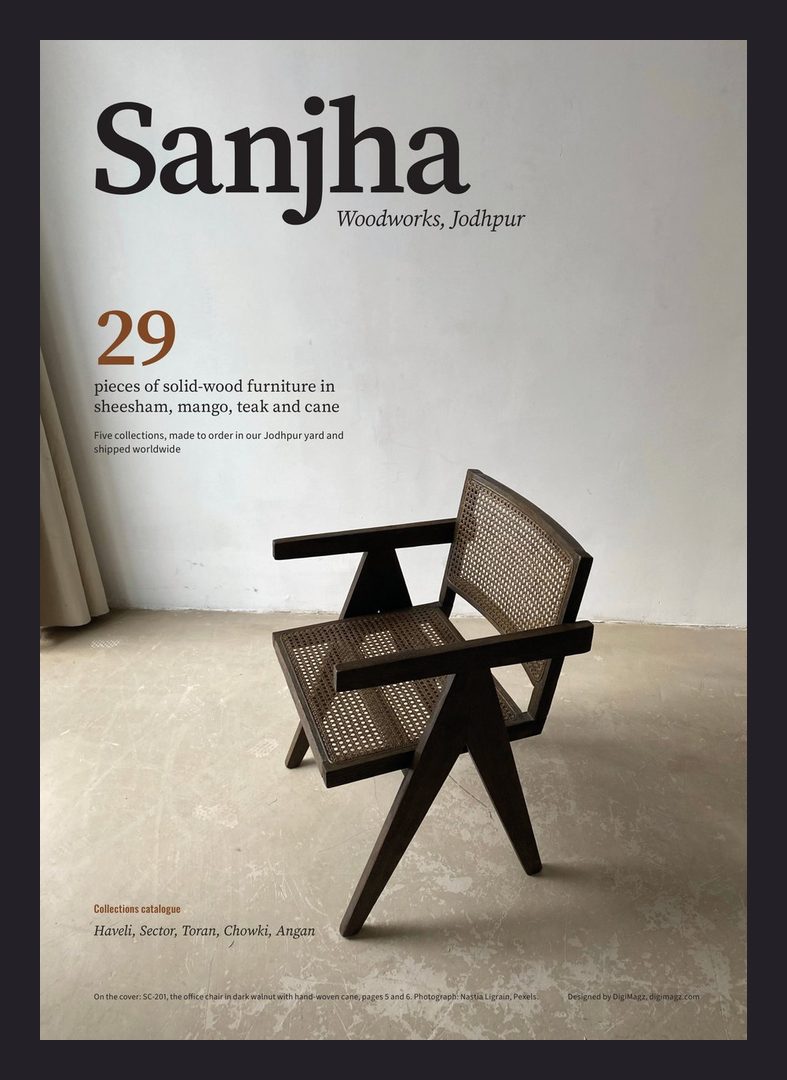 Sanjha catalogue cover: a cane and teak chair on a pale ground with the number 29