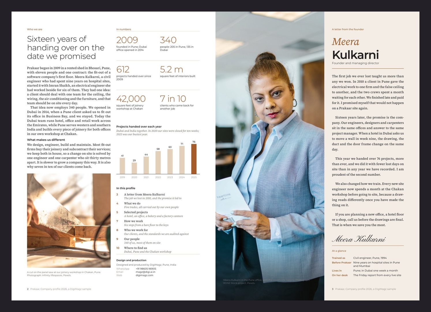 Prakaar pages 2 and 3: who we are with key figures in copper and a chart of projects handed over each year, and the founder's letter beside her portrait