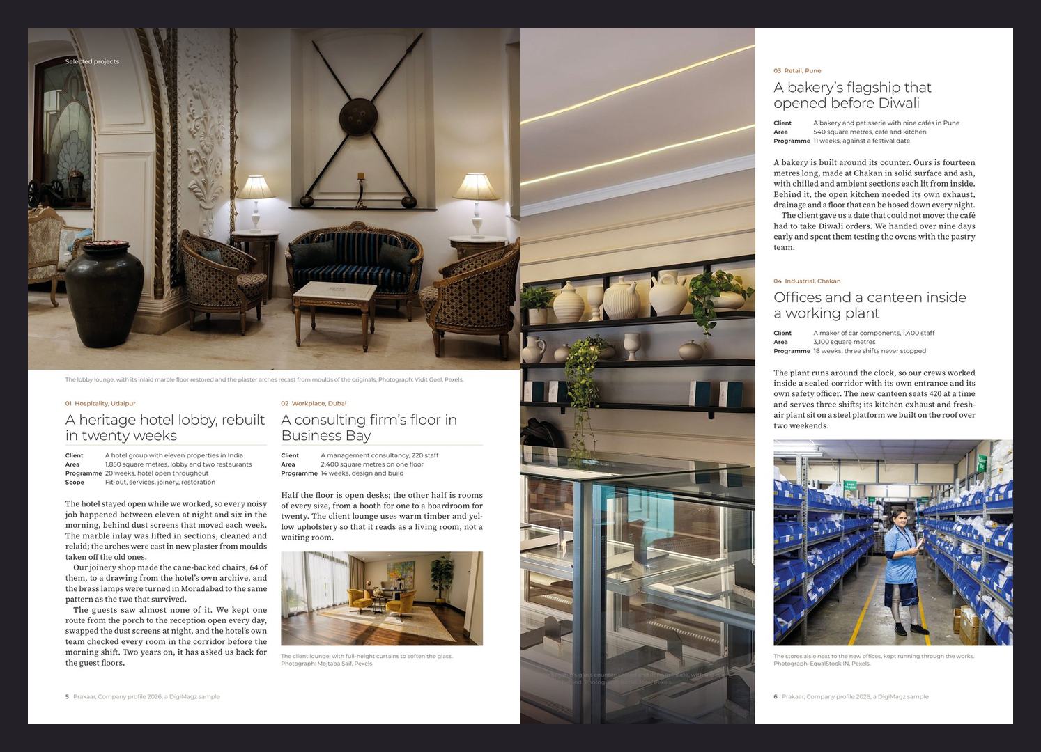 Prakaar pages 5 and 6: selected projects, a heritage hotel lobby and a consulting firm's floor, each with client, area and programme