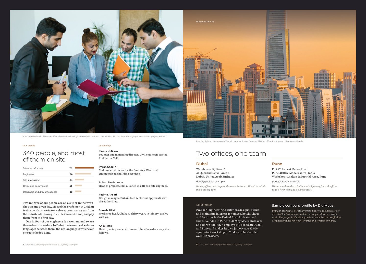 Prakaar pages 9 and 10: the team on site with numbers by role, and the two offices in Dubai and Pune