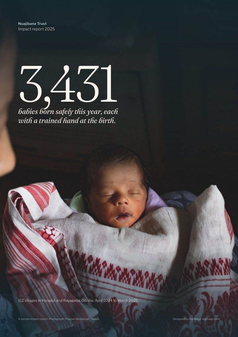 Nuajibana Trust impact report cover: a sleeping newborn wrapped in a red-and-white handwoven cloth under the line 3,431 babies born safely this year