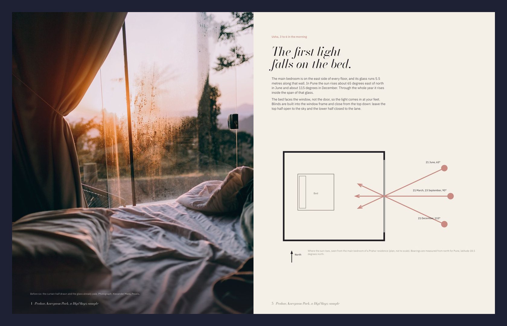 Prahar pages 4 and 5: a bed at dawn, and a drawing of where the sun rises from the bedroom