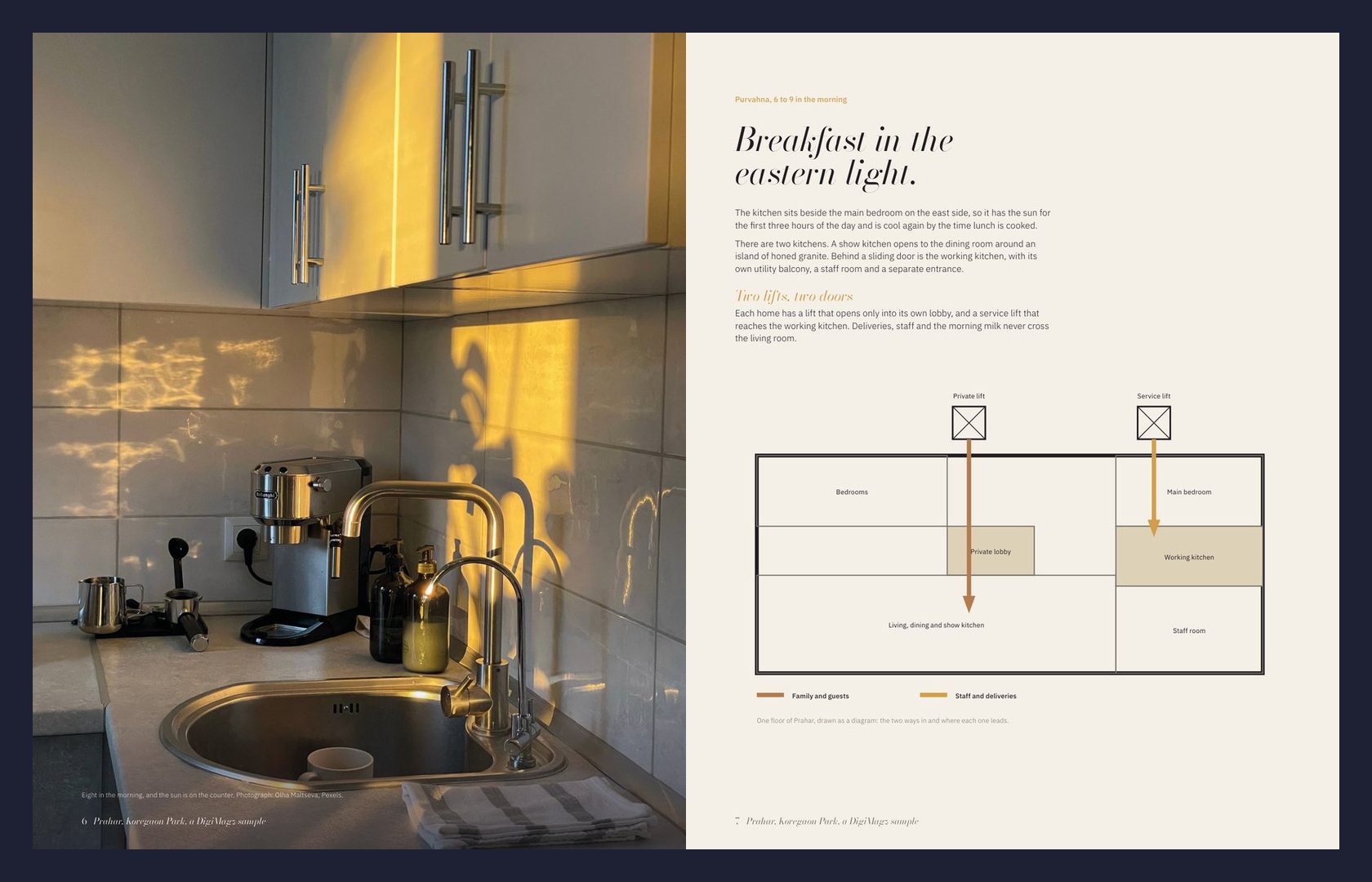 Prahar pages 6 and 7: morning sun in a kitchen, and a diagram of the private lift and the service lift