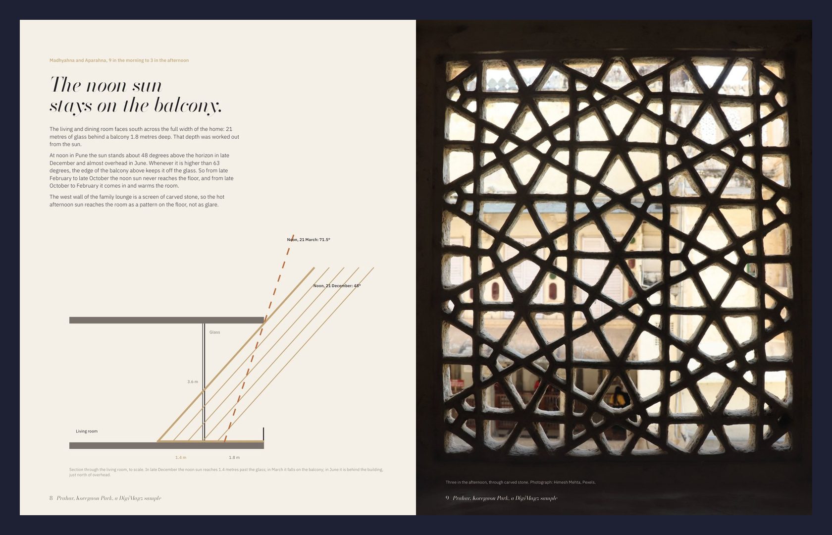 Prahar pages 8 and 9: a section drawing of the noon sun against the balcony, and light through a carved stone screen