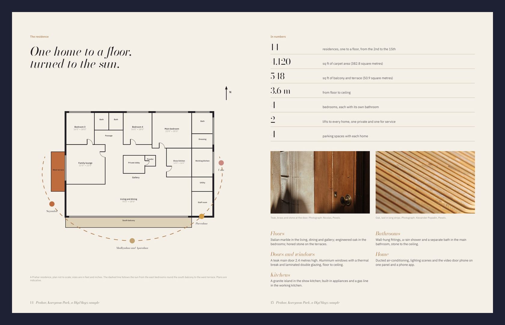 Prahar pages 14 and 15: the full-floor plan with the sun's path around it, and numbers, materials and specifications