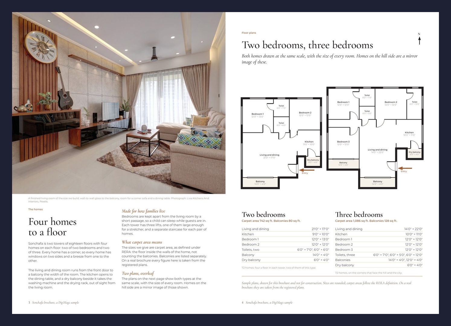 Sonchafa pages 3 and 4: a living room with glass to the balcony, and two- and three-bedroom plans at one scale